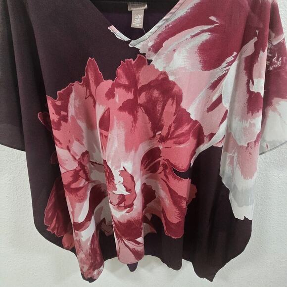 Chico’s S/M Sheer Floral Blouse Burgundy Pink Oversized Poncho Top Flowy - Picture 5 of 11